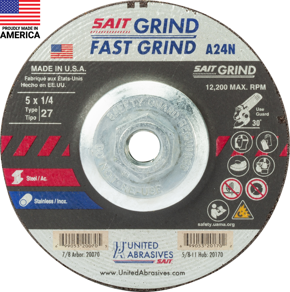 20170: A24N Fast Grinding Wheel 5" x 1/4" x 5/8-11" (Type 27/Depressed Center) with Super-Lock Hub, 10 Pack