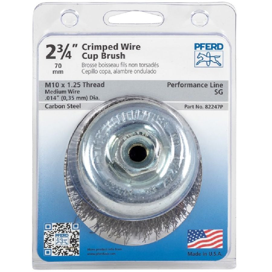 82247P: Pferd Industrial Line Cup Brush, 2-3/4 in Dia, M10x1.25, 0.014 in Carbon Steel Crimped Wire 5/Box