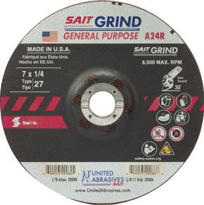 20080: 7" x 1/4" x 7/8" A24R Long Life Depressed Center Grinding Wheel, Type 27 (United Abrasives )